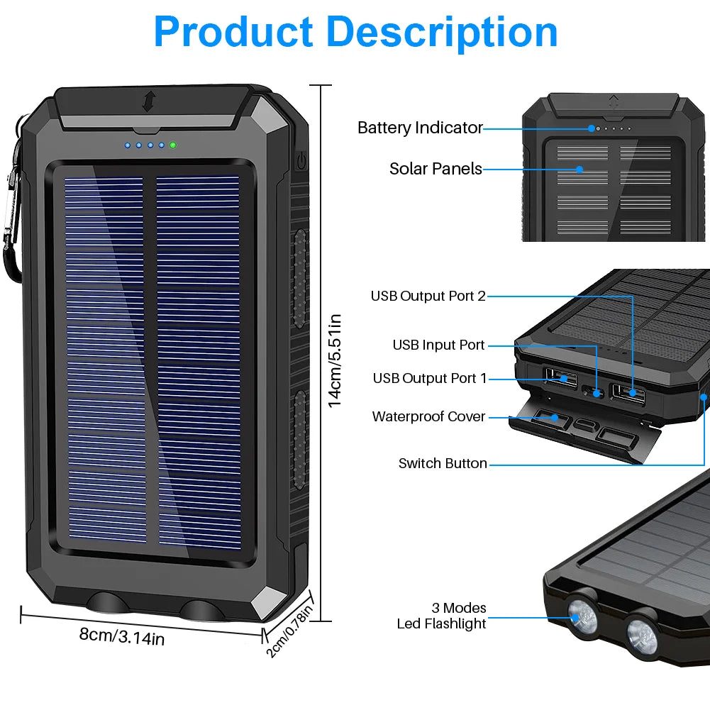 Portable Solar Charger for Iphone and Android 20000Mah Power Bank with Dual 5V USB Ports for Outdoor Camping Hiking